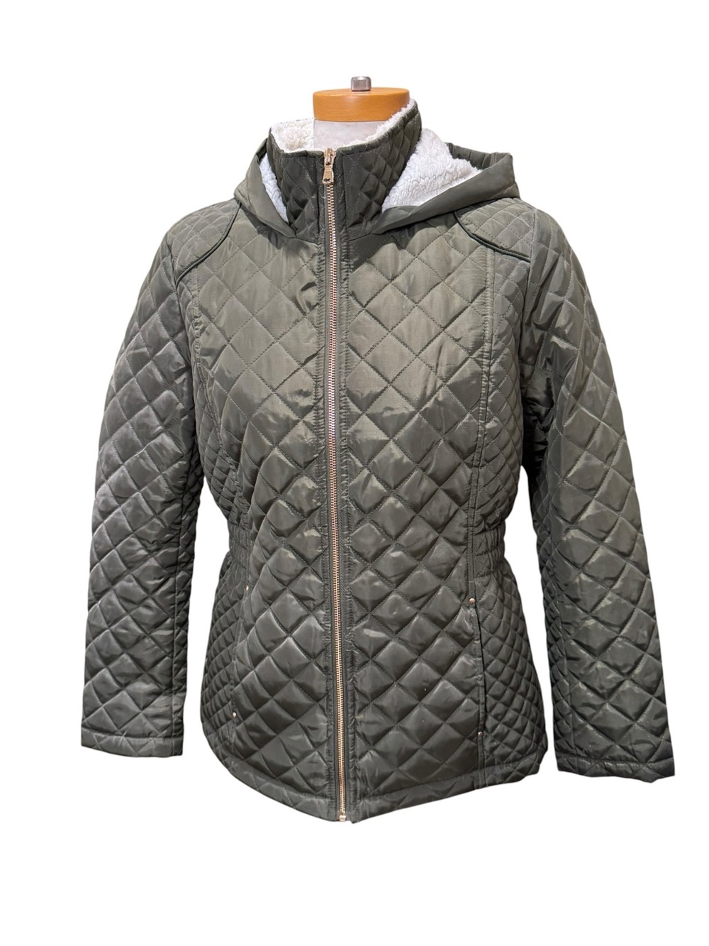 Cisono Women’s L Olive Green Quilted Sherpa Hooded Jacket Coat